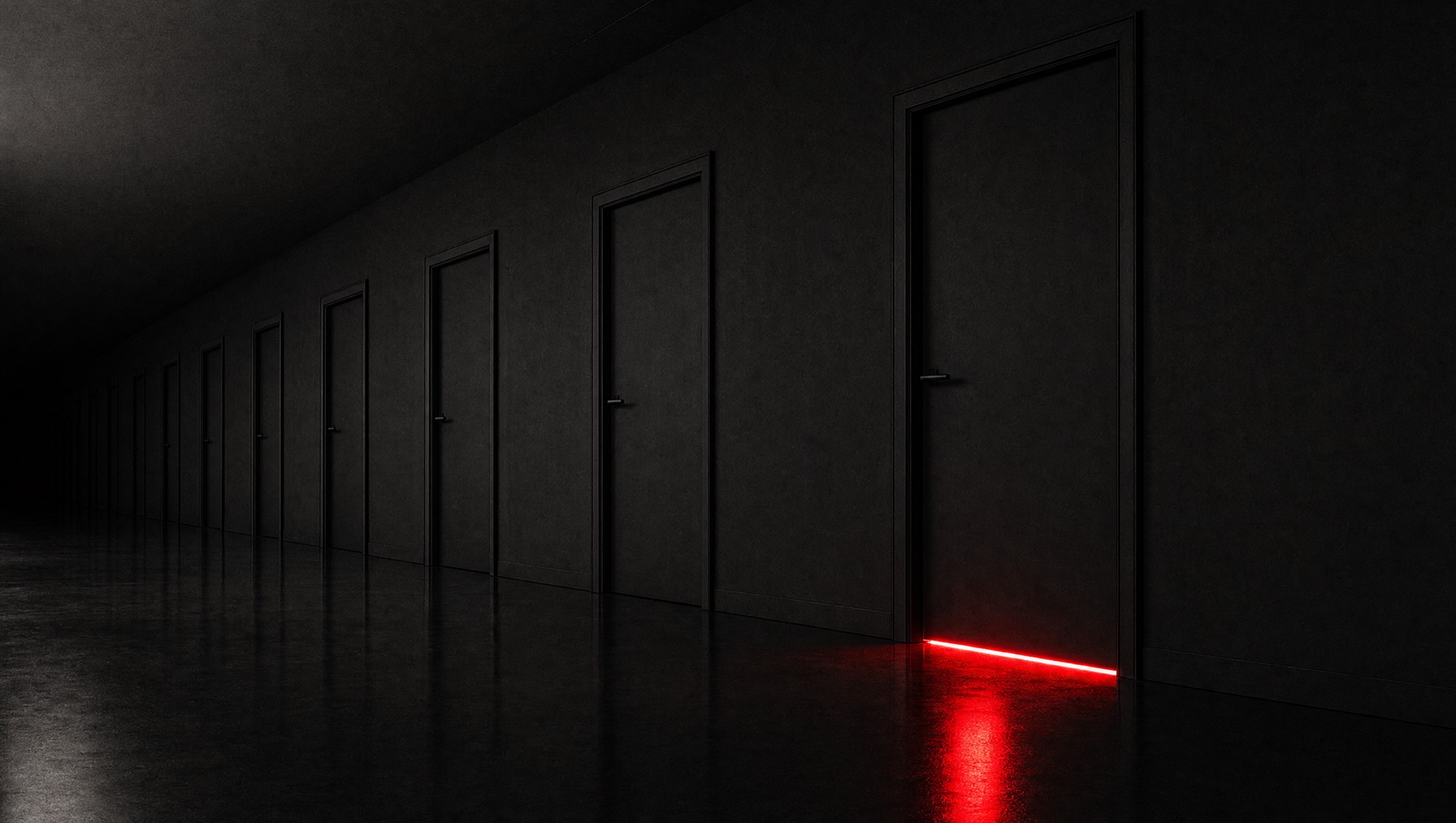 corridor of identical doors, red light under one