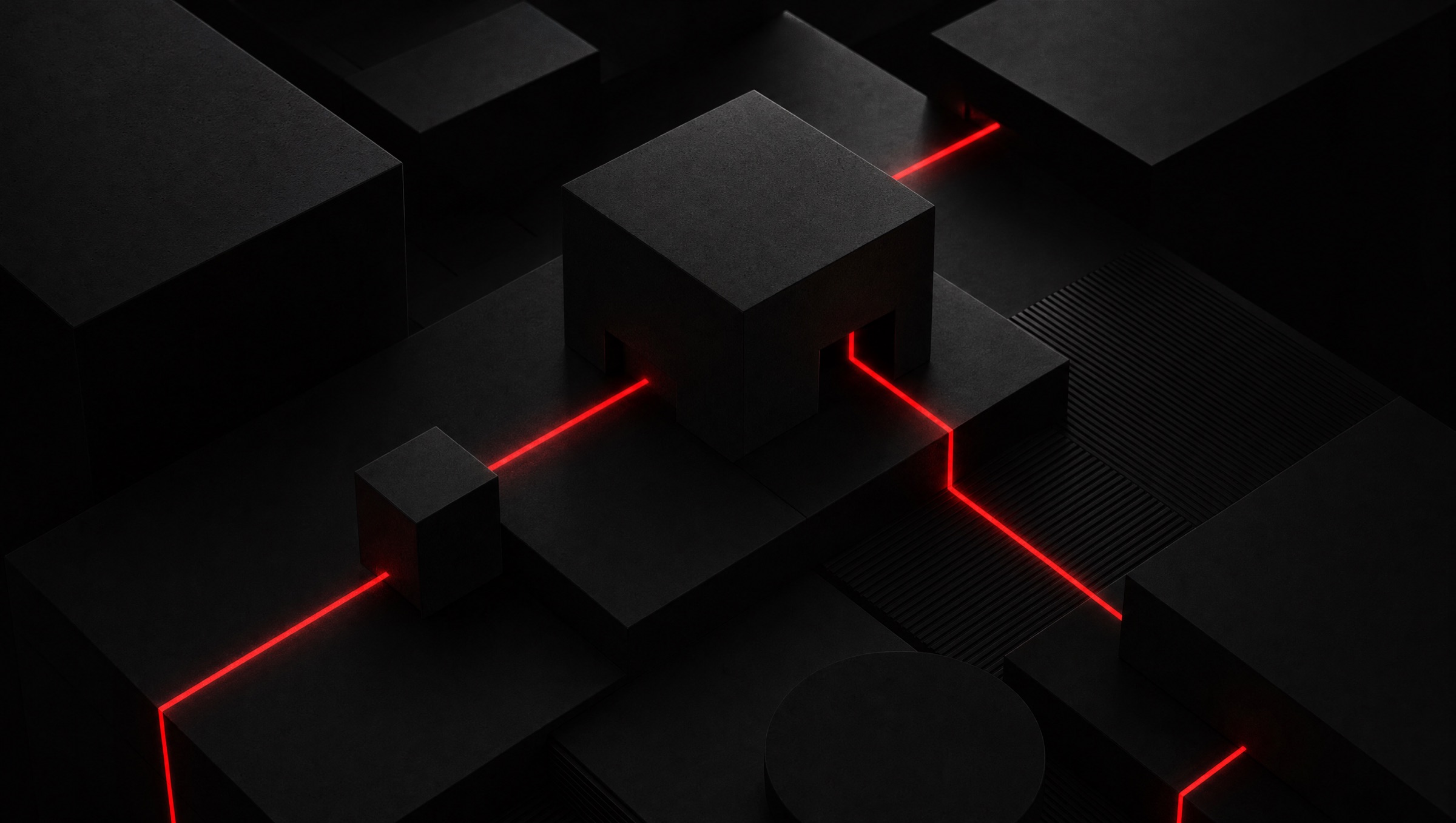 a red light path routed through dark blocks